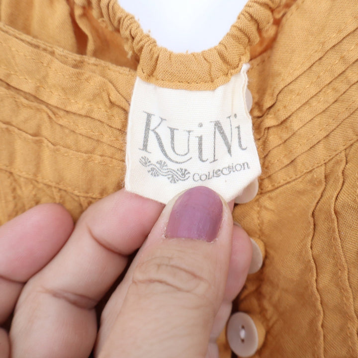 Kuini Collection Mustard Yellow Boho Tiered Midi Dress Small Rayon Button Front