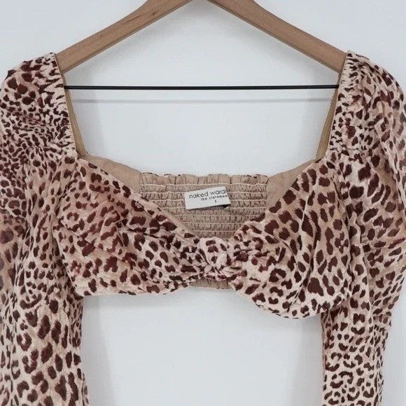 Naked Wardrobe Leopard Print Velvet Long Sleeve Crop Top Brown Small