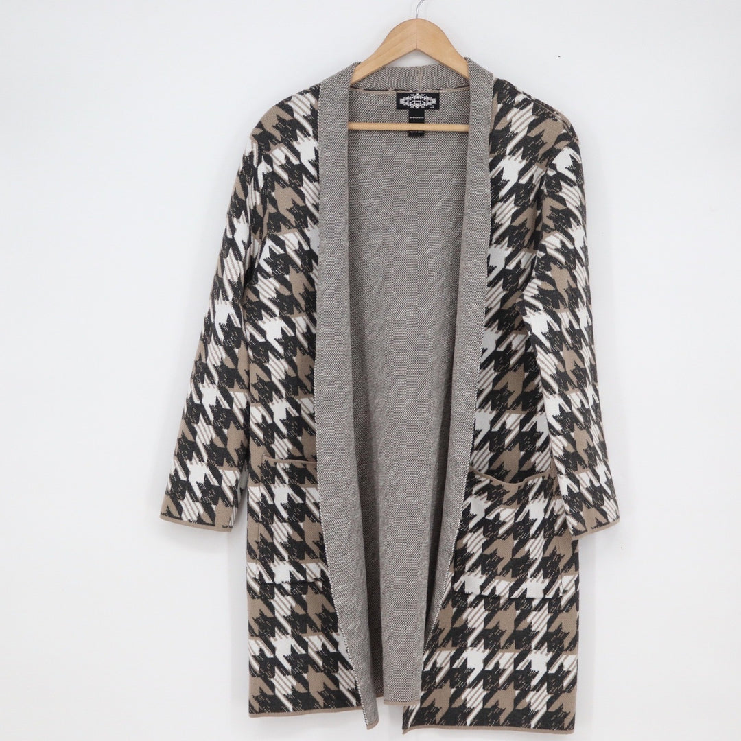 Oliver.o by Escio Houndstooth Longline Cardigan Sweater Tan Black 1X Plus Size
