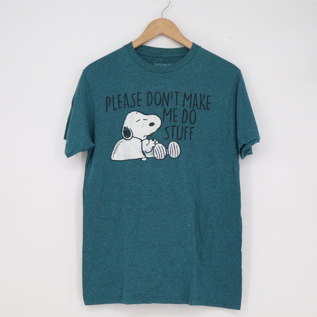 Peanuts Snoopy Please Don't Make Me Do Stuff Graphic Tee Teal Green Medium