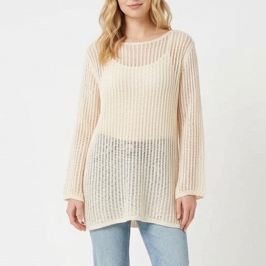 Sweater Dress Womens Medium Beige Crochet Knit Boat Neck Long Sleeve Pullover