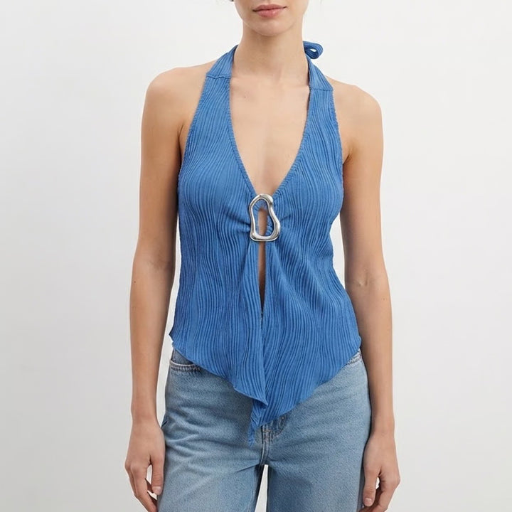 Shein Womens Blue Plisse Pleated Halter Top Silver Ring Detail XS