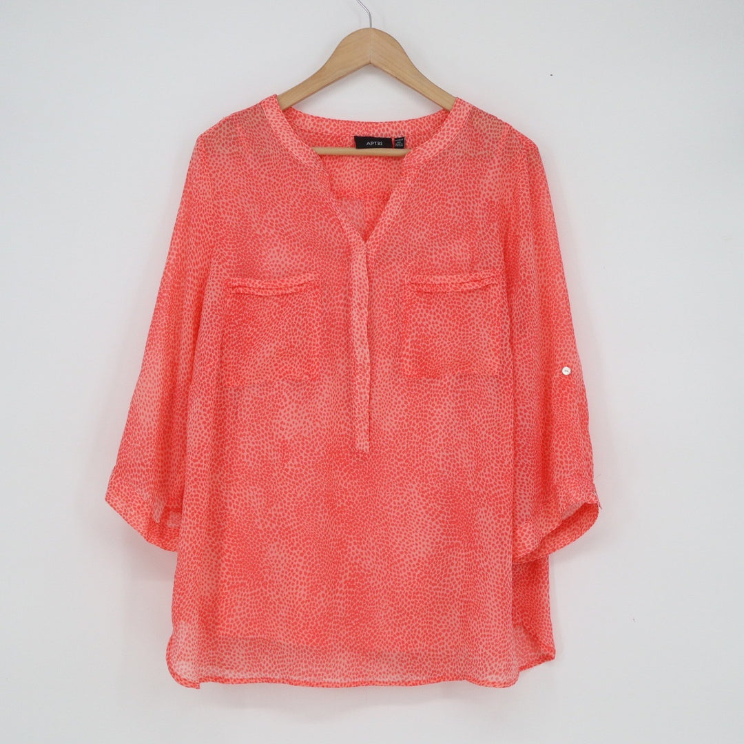 Apt 9 Womens 0X Coral Pink Micro Dot Chiffon Roll Tab 3/4 Sleeve Blouse Top