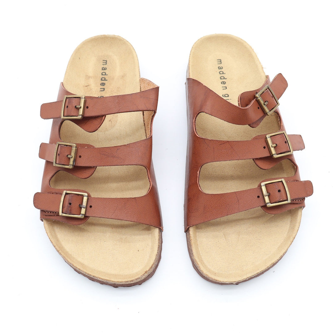 Madden Girl G-Percy Cognac Brown Triple Buckle Slide Sandals 6