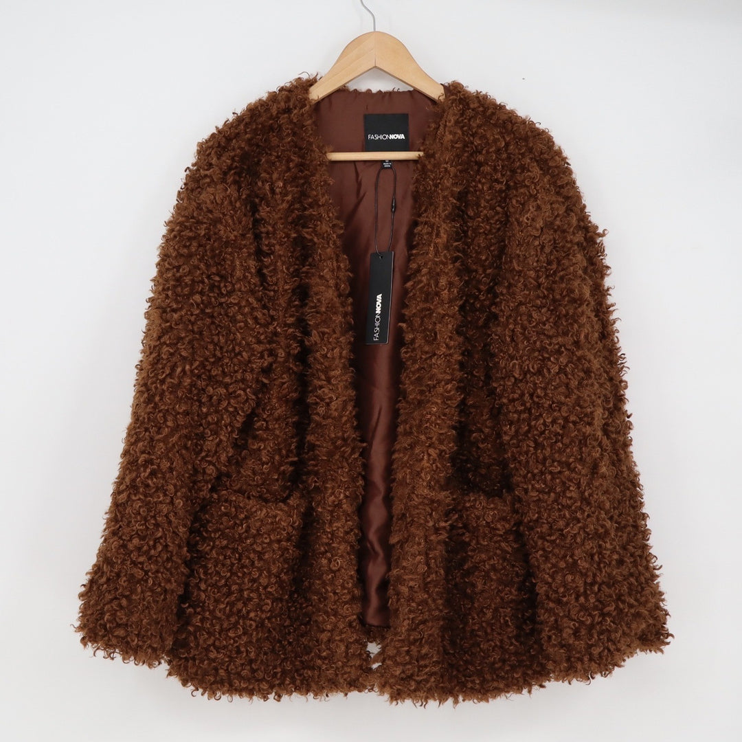 Fashion Nova Adjust To The Fame Faux Fur Coat Chocolate Brown Shaggy Jacket M