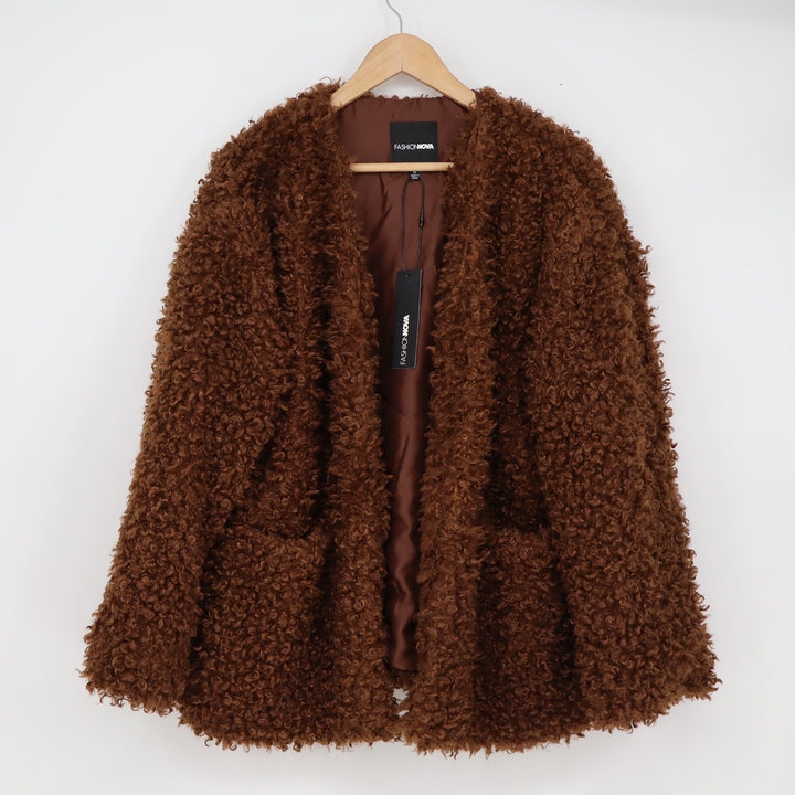 Fashion Nova Adjust To The Fame Faux Fur Coat Chocolate Brown Shaggy Jacket M