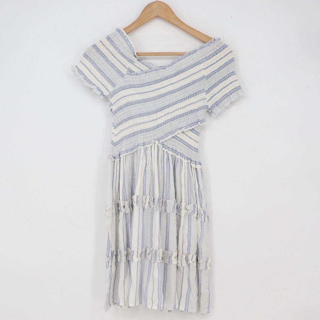 Japna Dress Womens XS Mini Blue White Striped Smocked Ruffle Good