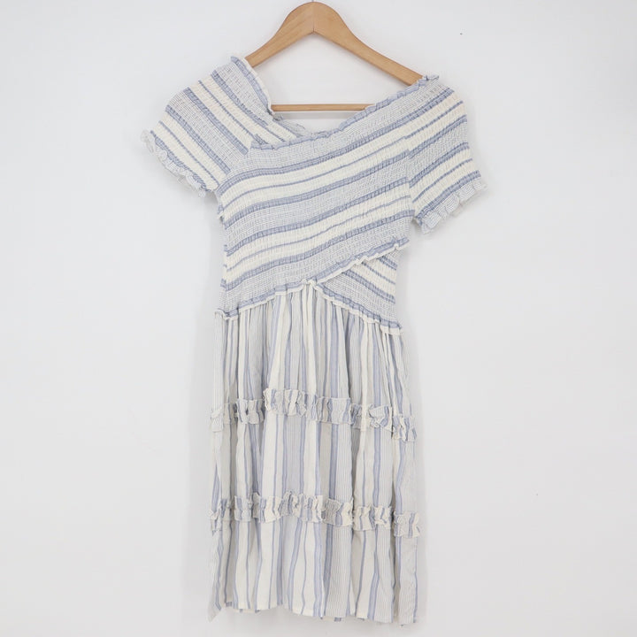 Japna Dress Womens XS Mini Blue White Striped Smocked Ruffle Good