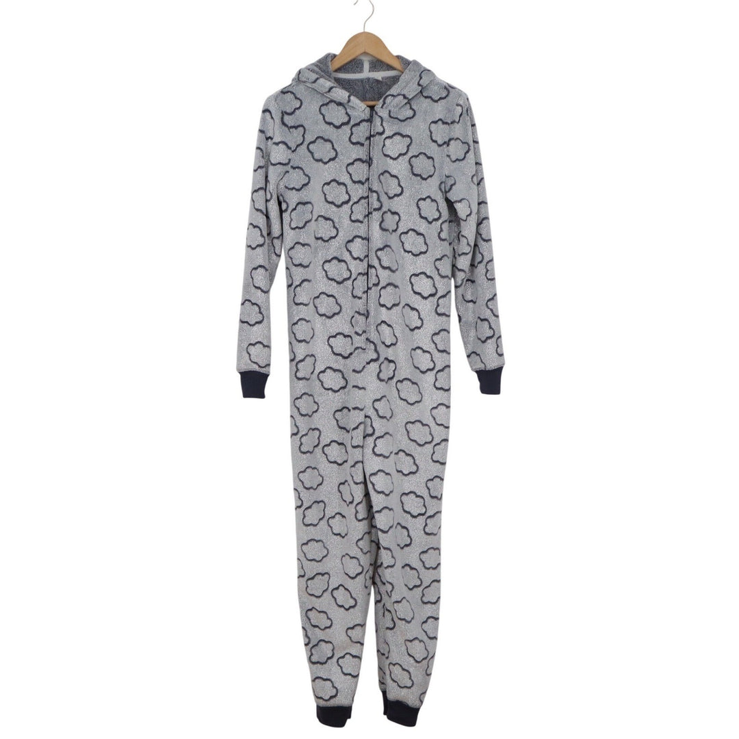 SO Intimates Womens Gray Cloud Glitter Fleece Hooded Union Suit Pajamas Medium