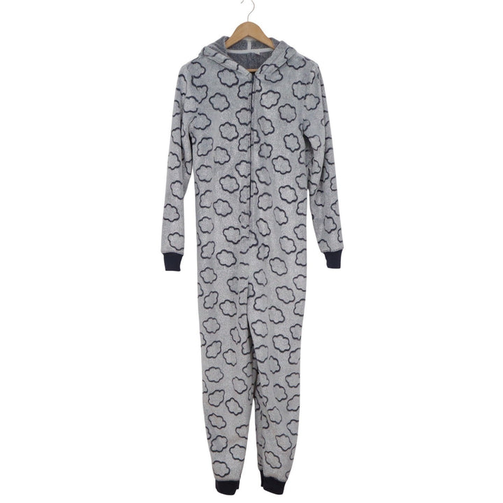 SO Intimates Womens Gray Cloud Glitter Fleece Hooded Union Suit Pajamas Medium