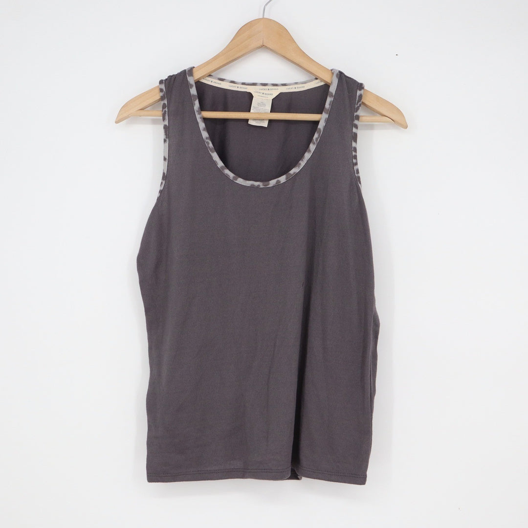 Lucky Brand Gray Sleeveless Tank Top Leopard Print Trim Scoop Neck Size M