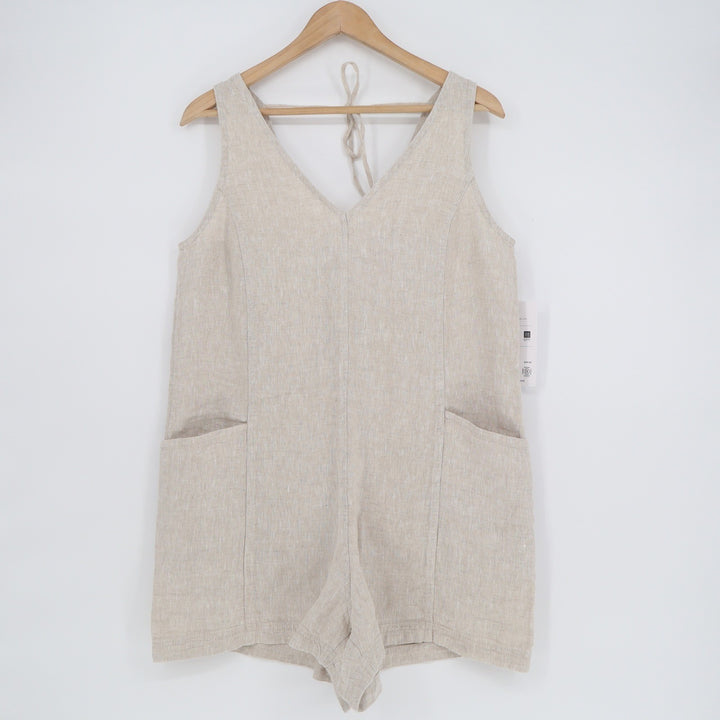 Athleta Retreat Linen Romper Oatmeal Beige V-Neck Sleeveless Pockets M