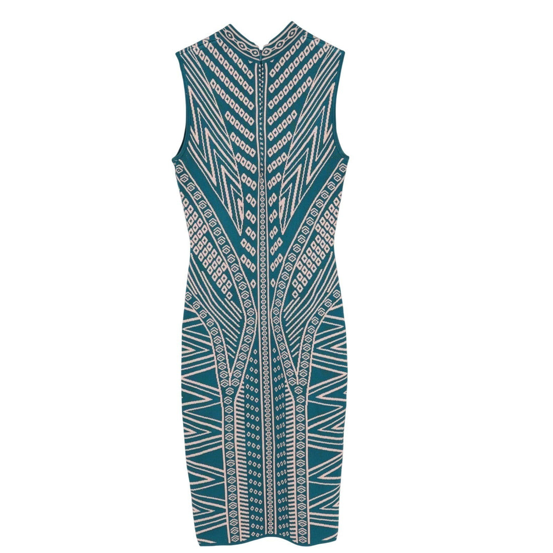 Marciano For Guess Bodycon Midi Dress Womens XS Teal Beige Mock Neck Back Zip