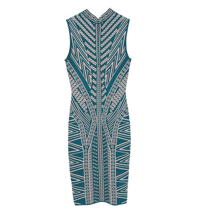 Marciano For Guess Bodycon Midi Dress Womens XS Teal Beige Mock Neck Back Zip