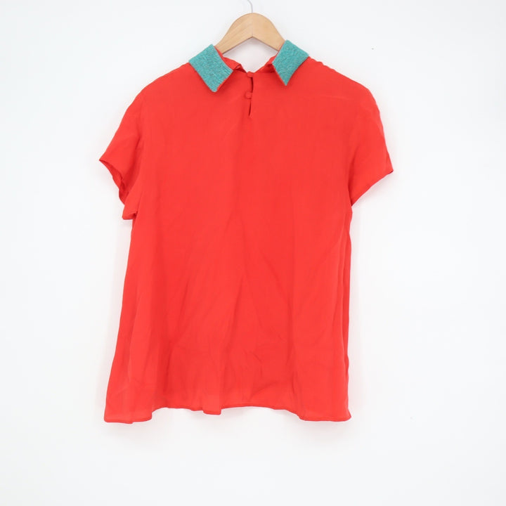 EPIC by JF & SON Red Short Sleeve Blouse Teal Beaded Peter Pan Collar Medium