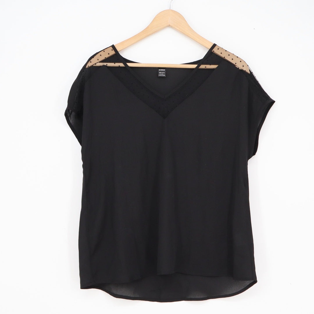 SHEIN Black V-Neck Blouse Mesh Polka Dot Shoulder Sheer Top Womens Size M