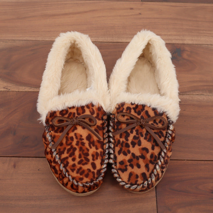 J.Crew Womens Leopard Print Faux Fur Lined Moccasin Slippers Brown Size 8
