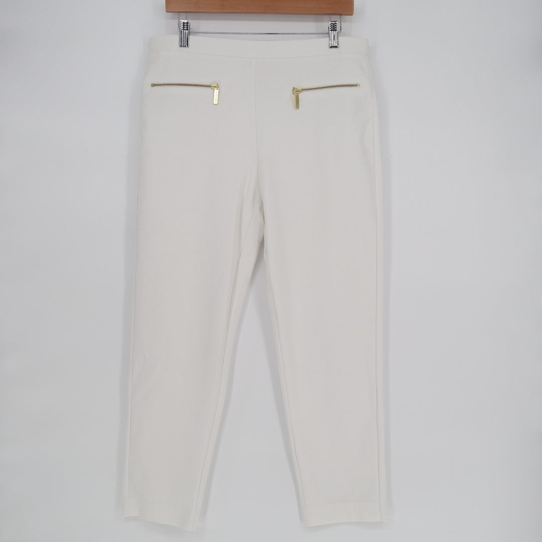 Michael Kors Crop Pants Womens L White Cotton Stretch Zip Pockets Straight Leg
