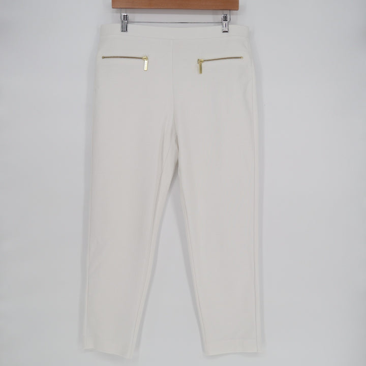 Michael Kors Crop Pants Womens L White Cotton Stretch Zip Pockets Straight Leg