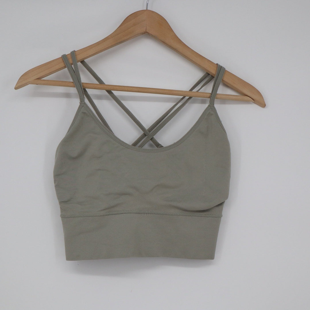 Sage Green Ribbed Seamless Strappy Back Sports Bra Yoga Crop Top XL