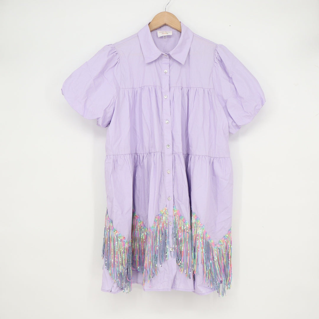 Fantastic Fawn Purple Sequin Fringe Tiered Babydoll Dress Medium