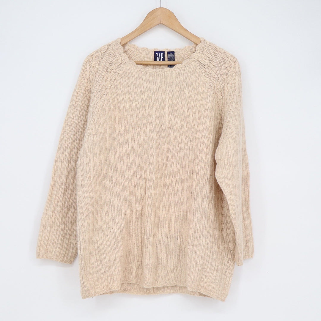 Vintage Gap Lambswool Angora Blend Sweater Cream Cable Knit Scalloped Neck S