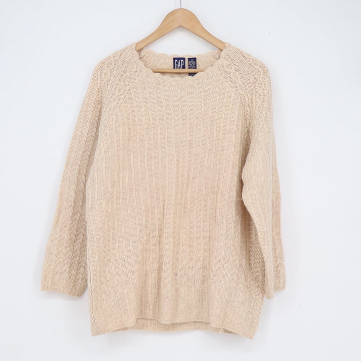 Vintage Gap Lambswool Angora Blend Sweater Cream Cable Knit Scalloped Neck S