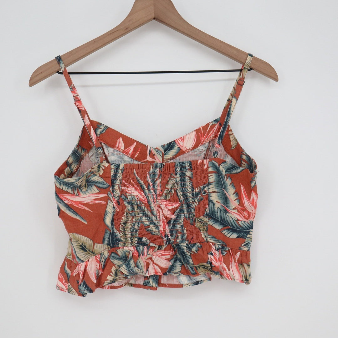 LOFT Tropical Palm Floral Button Front Linen Blend Crop Cami Top Orange Size 2
