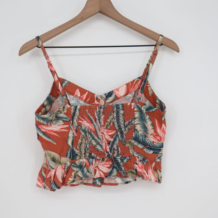 LOFT Tropical Palm Floral Button Front Linen Blend Crop Cami Top Orange Size 2
