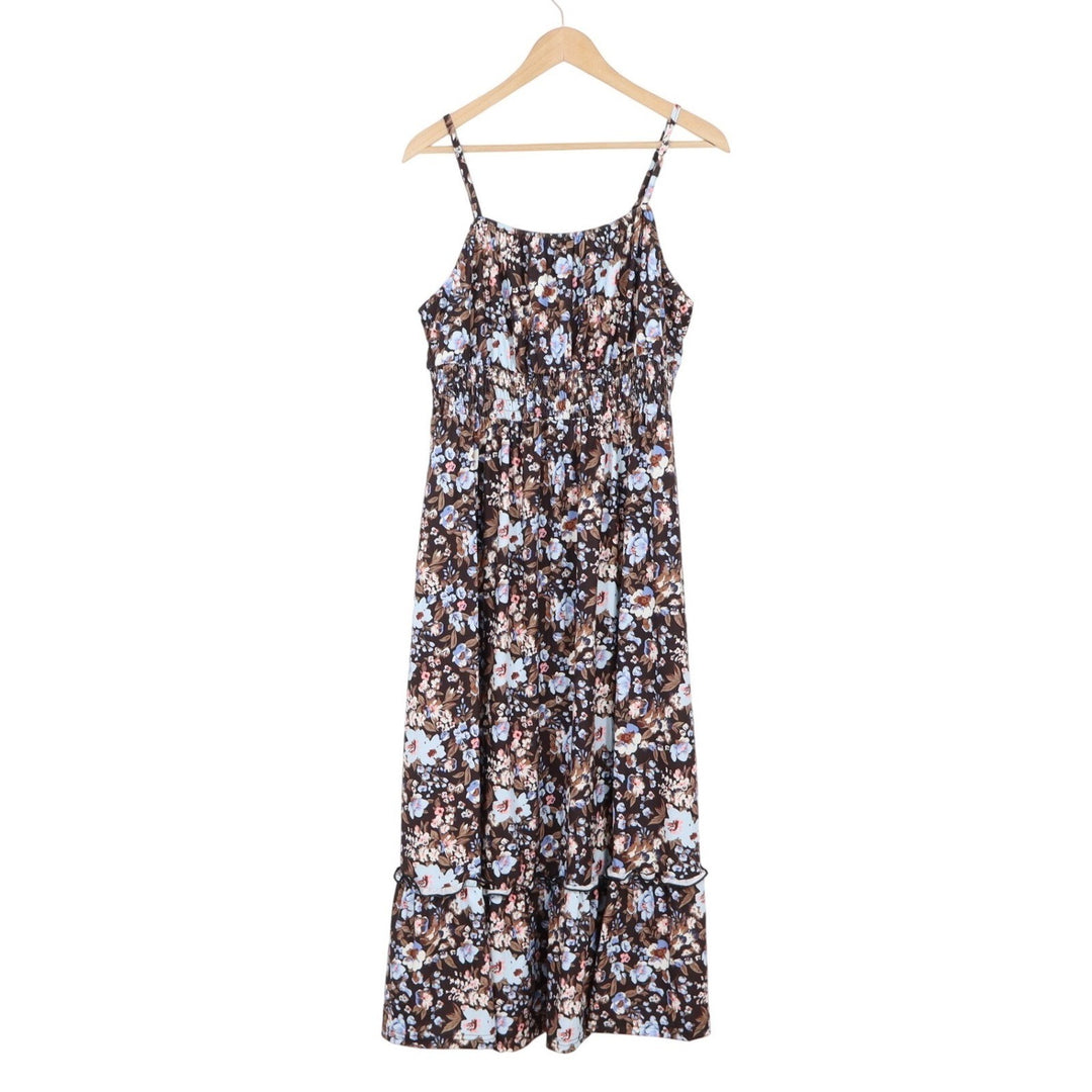 Grace Karin Midi Dress Women's L Black Blue Floral Smocked New