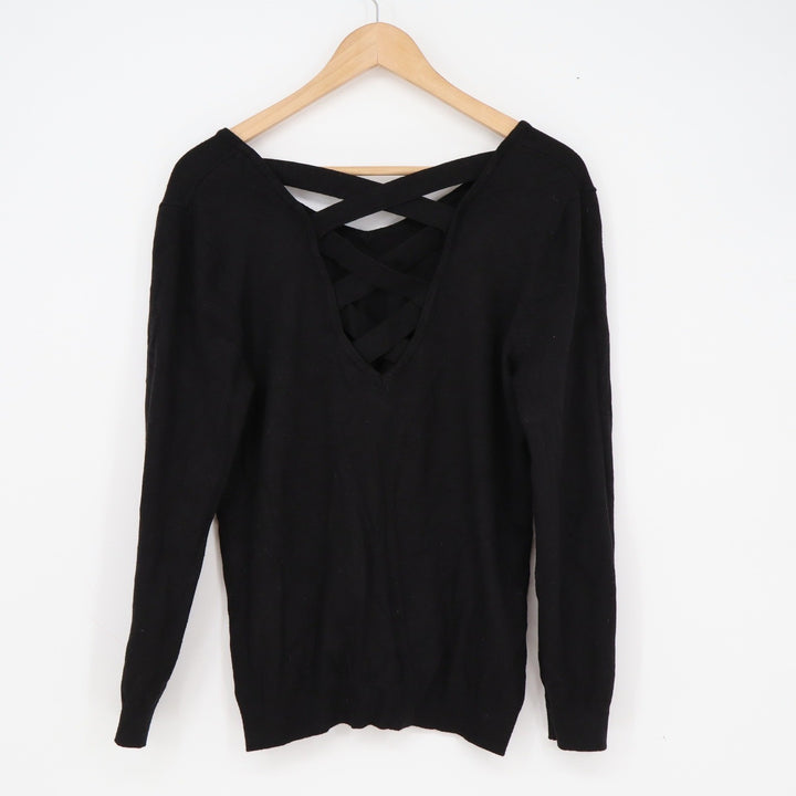 Love Ellie Black Lattice Back V-Neck Knit Sweater Long Sleeve Womens Large
