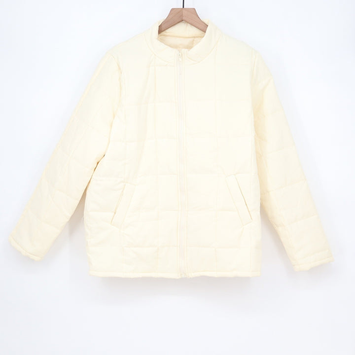 Cream Quilted Zip Up Mock Neck Jacket Womens Large Ivory Puffer Elastic Hem