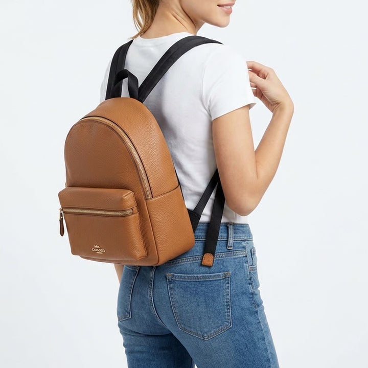 Coach Mini Charlie Womens Backpack Saddle Brown Pebbled Leather Padded Strap Bag