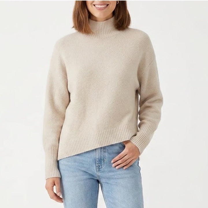 Express Womens Mock Neck Sweater Oatmeal Beige Fuzzy Knit Step Hem Size M