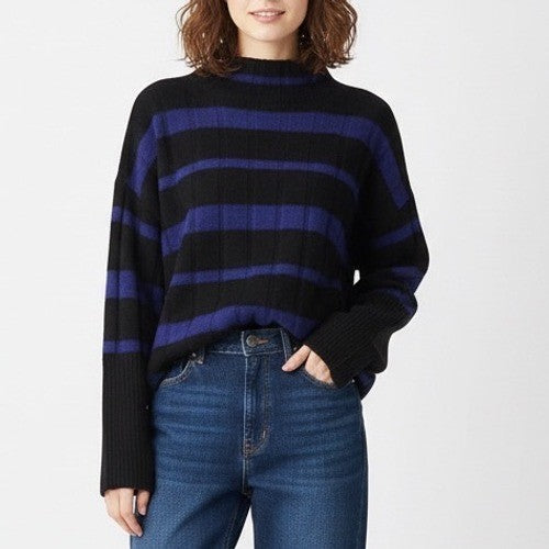 Madewell Sweater Womens XS Black Blue Knit Striped Mock Neck Long Sleeve Ribbed