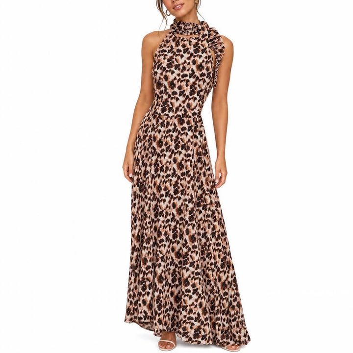 Shein Leopard Print Halter Maxi Dress Brown Tan Open Back Sleeveless Medium