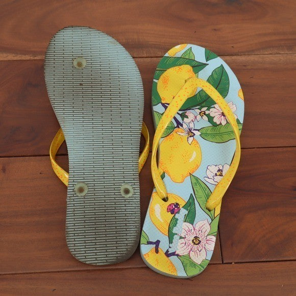 Vera Bradley Lemon Floral Ladybug Flip Flops Yellow Blue Women Size 8