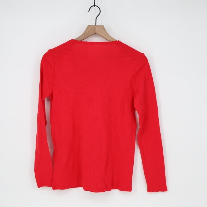 Charter Club T-Shirt Womens XS Red Cotton Knit Bow Round Neck Eyelet Long Sleeve