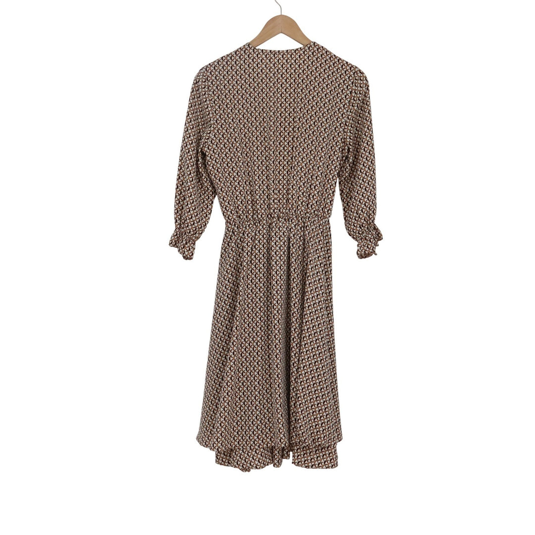 Fashion Brown Geometric Logo Print Wrap V-Neck Midi Dress Ruffle Cuff Size 48