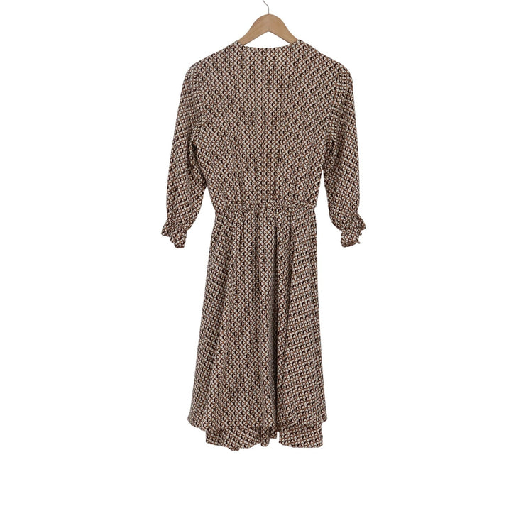 Fashion Brown Geometric Logo Print Wrap V-Neck Midi Dress Ruffle Cuff Size 48
