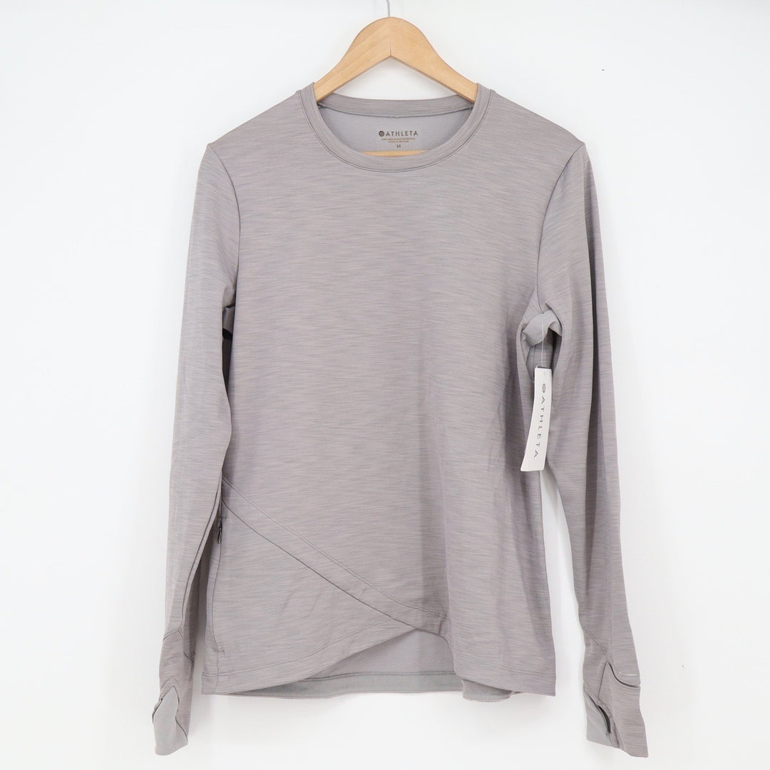 Athleta Top Women's M Bootcamp Crew Gray Plush Tech Mitten Cuffs NEW