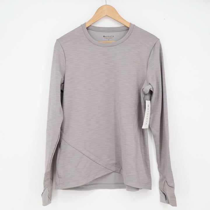Athleta Top Women's M Bootcamp Crew Gray Plush Tech Mitten Cuffs NEW