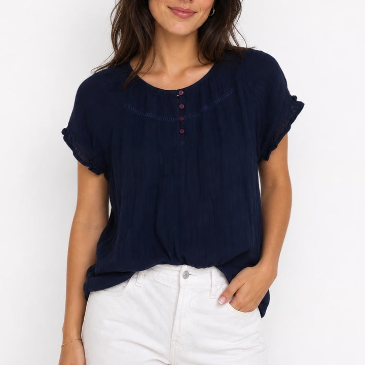 Basic Editions Navy Blue Rayon Crinkle Button Front Short Sleeve Blouse Large