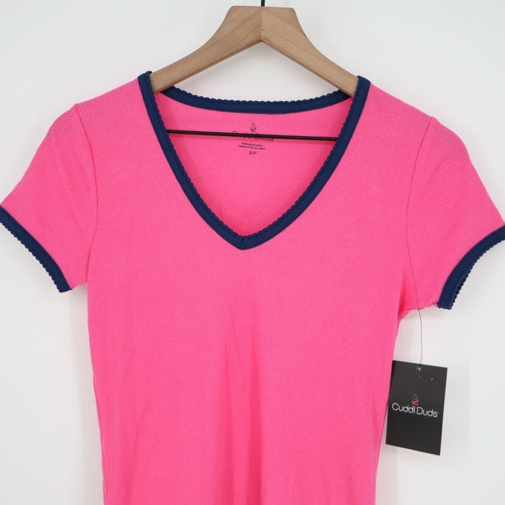 Cuddl Duds T Shirt Womens Small Pink Blue Trim Cotton Ribbed V Neck Sleepwear