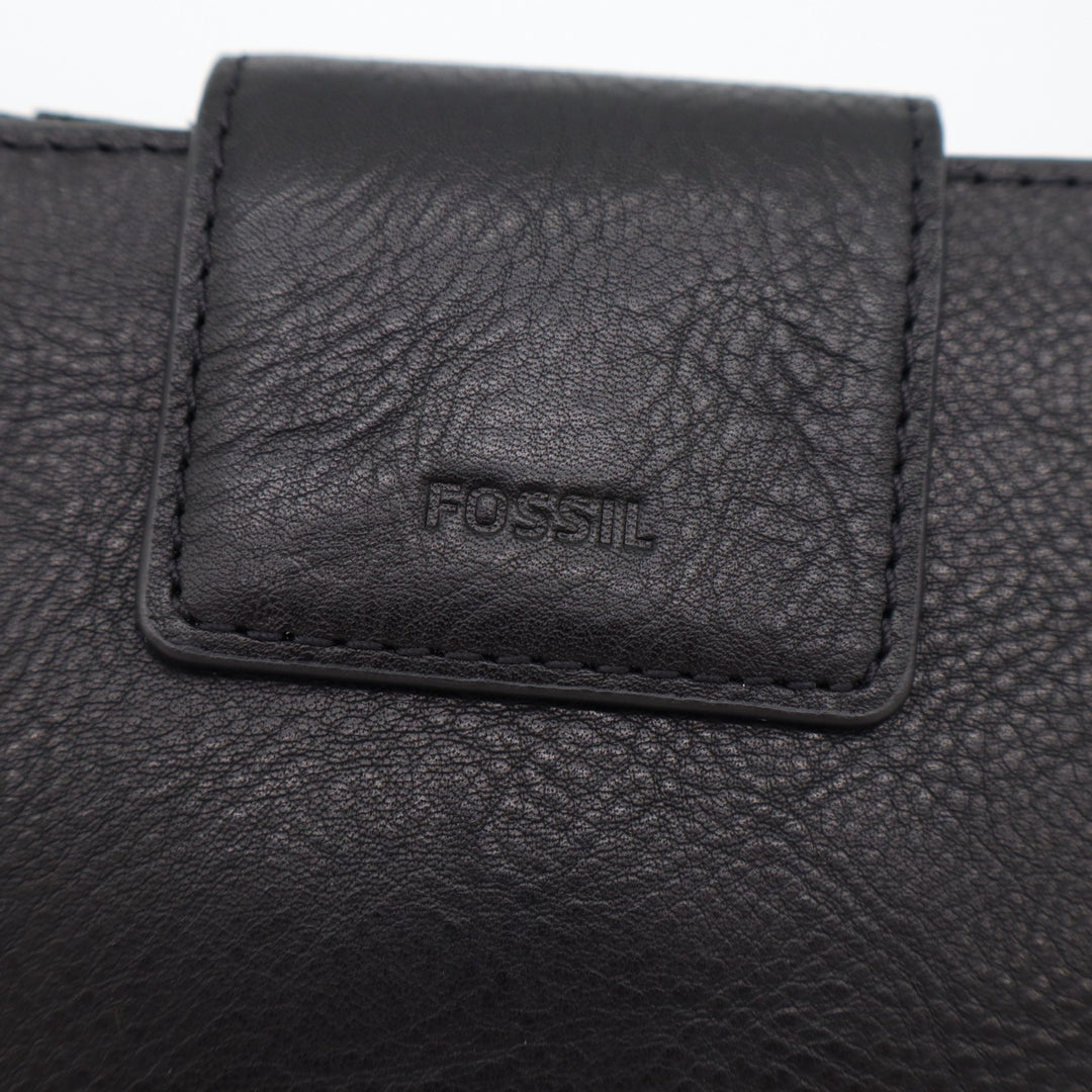 Fossil Logan Rfid Tab Clutch Womens Black Leather Zip Coin Pocket Bifold Wallet