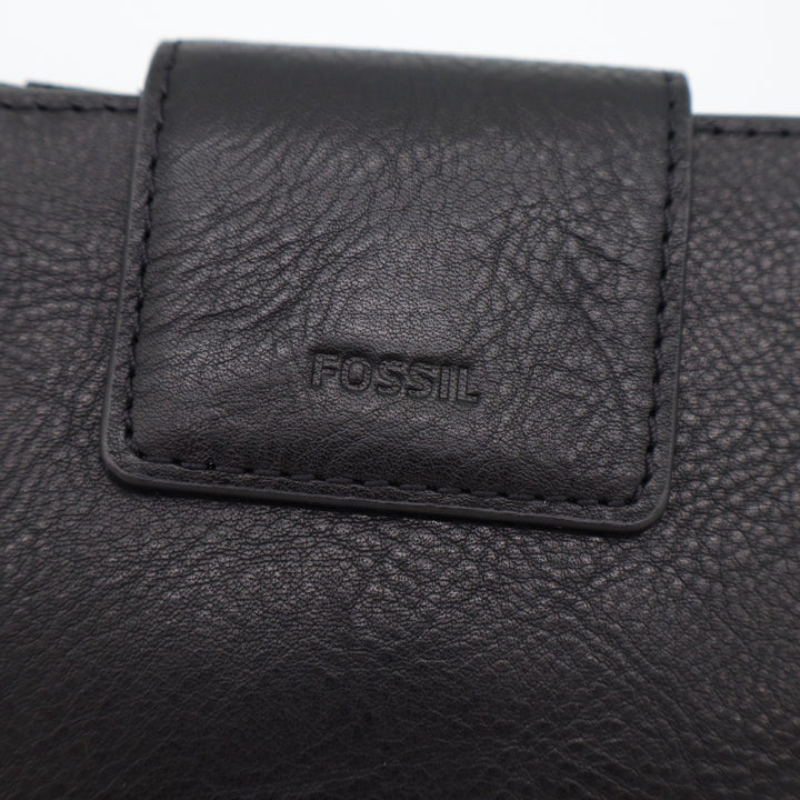 Fossil Logan Rfid Tab Clutch Womens Black Leather Zip Coin Pocket Bifold Wallet