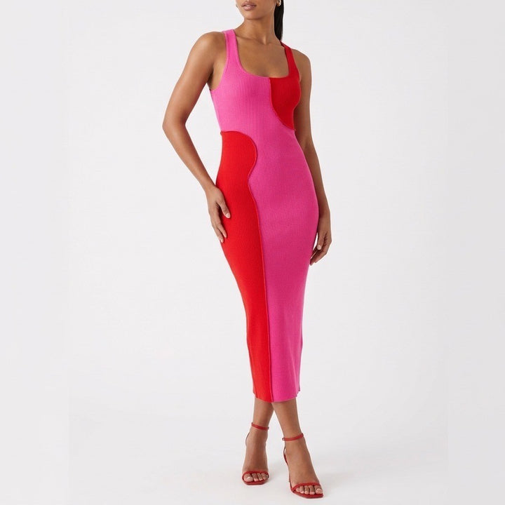 Naked Wardrobe Pink Red Colorblock Ribbed Racerback Midi Dress Womens L