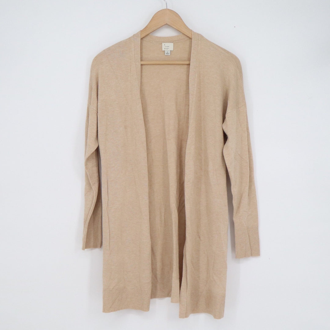 A New Day Tan Open Front Cardigan Sweater Womens Large Beige Longline Side Slit