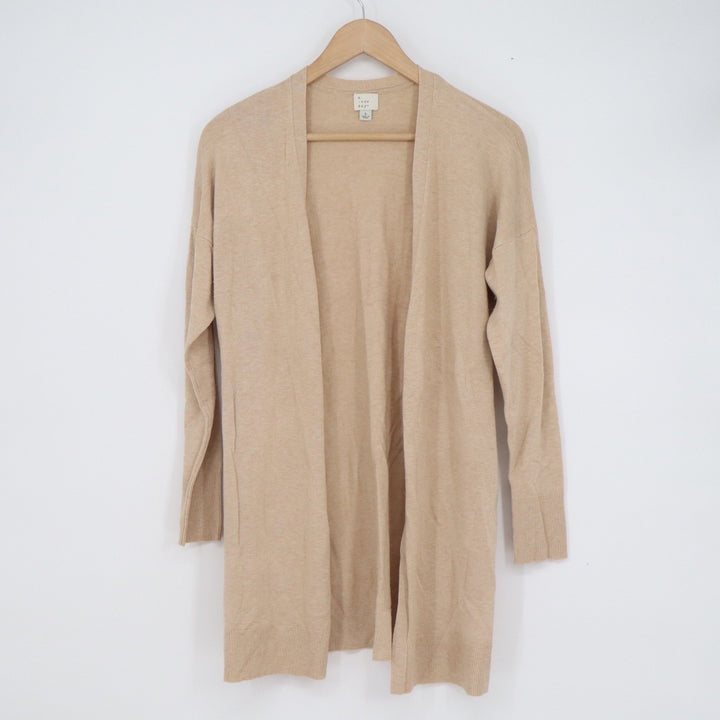 A New Day Tan Open Front Cardigan Sweater Womens Large Beige Longline Side Slit
