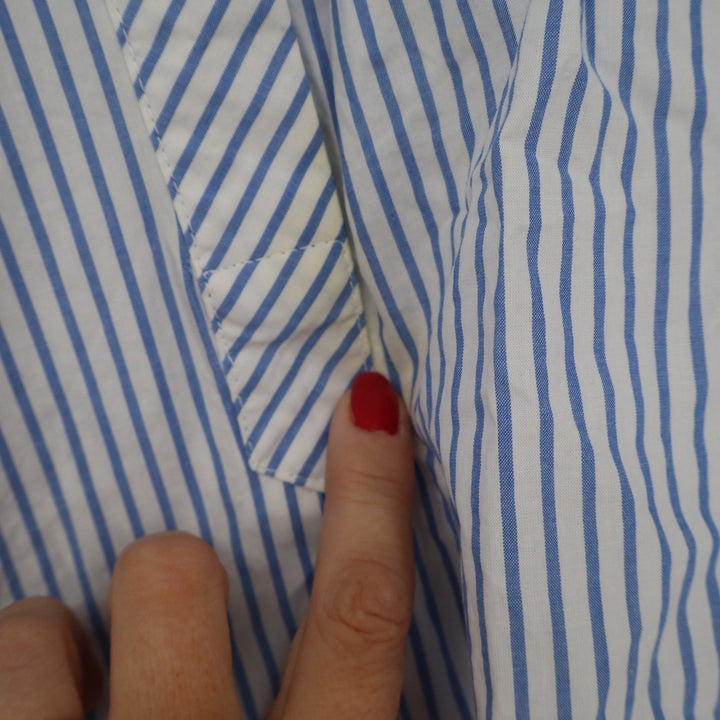 Mango Casual Blue White Striped Cotton Tie Back Short Sleeve Blouse Size 2 XS